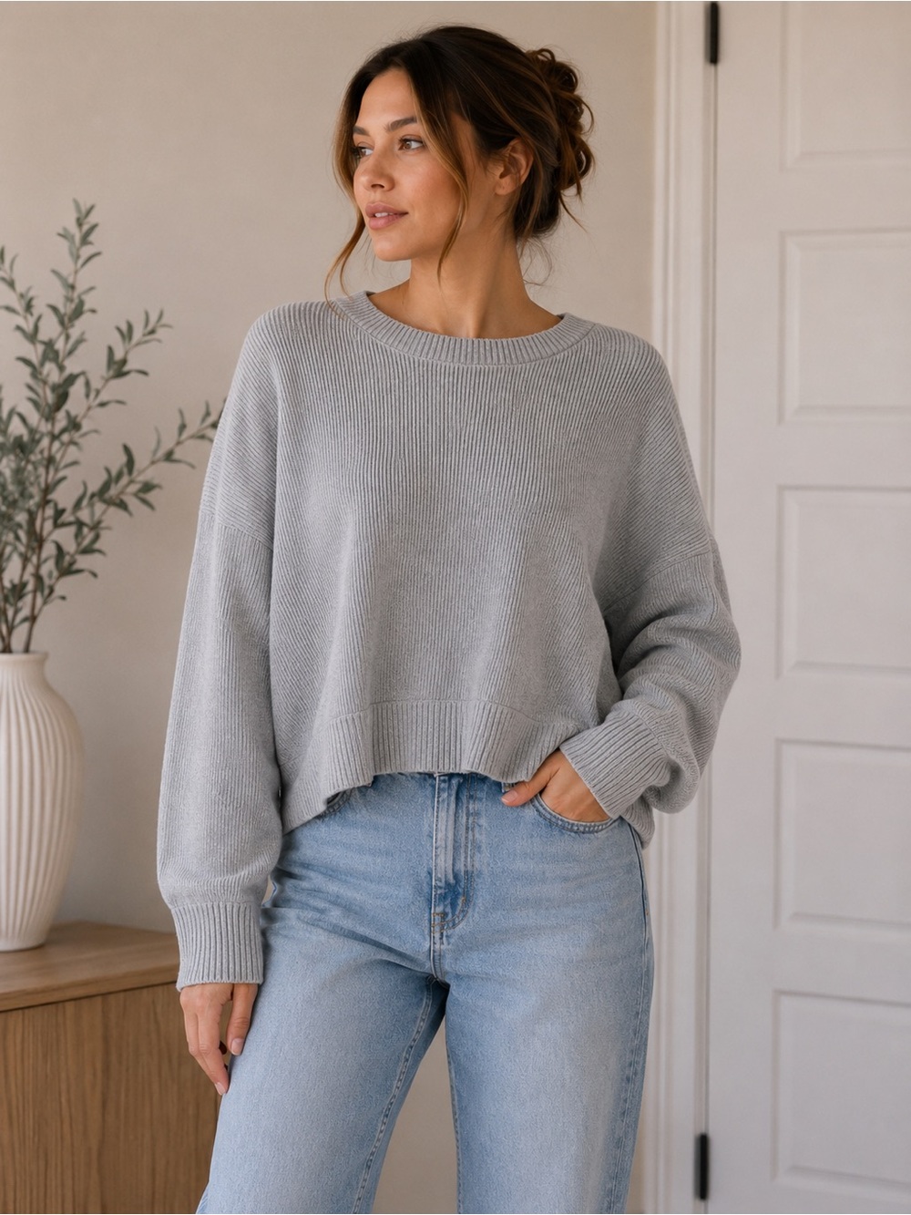 Monk & Lou Oversized Boxy Ribbed Sweater – Light Grey | Cotton Blend S M L